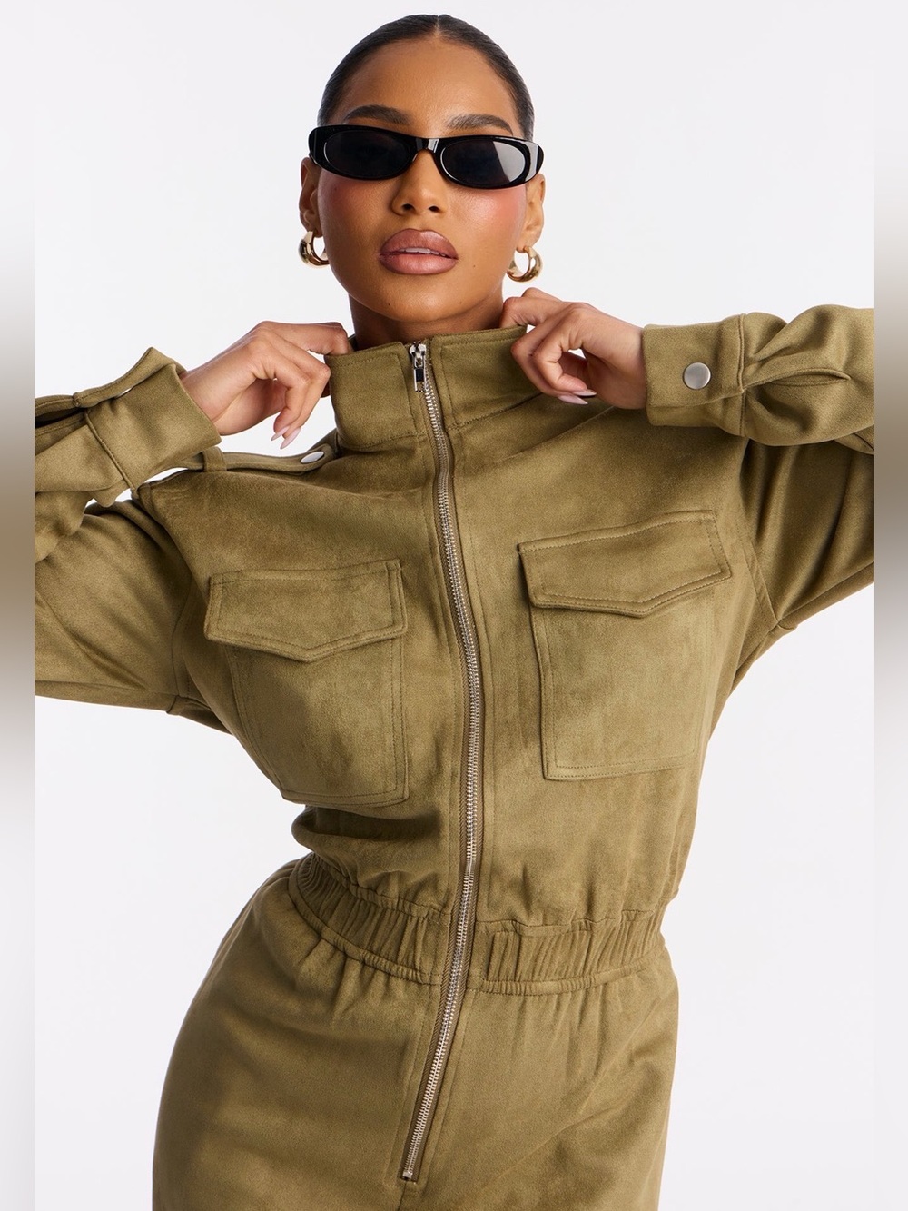 Fashion Nova Olive Suede Cargo Zip-Front Jogger Jumpsuit - XL - Picture 4 of 6